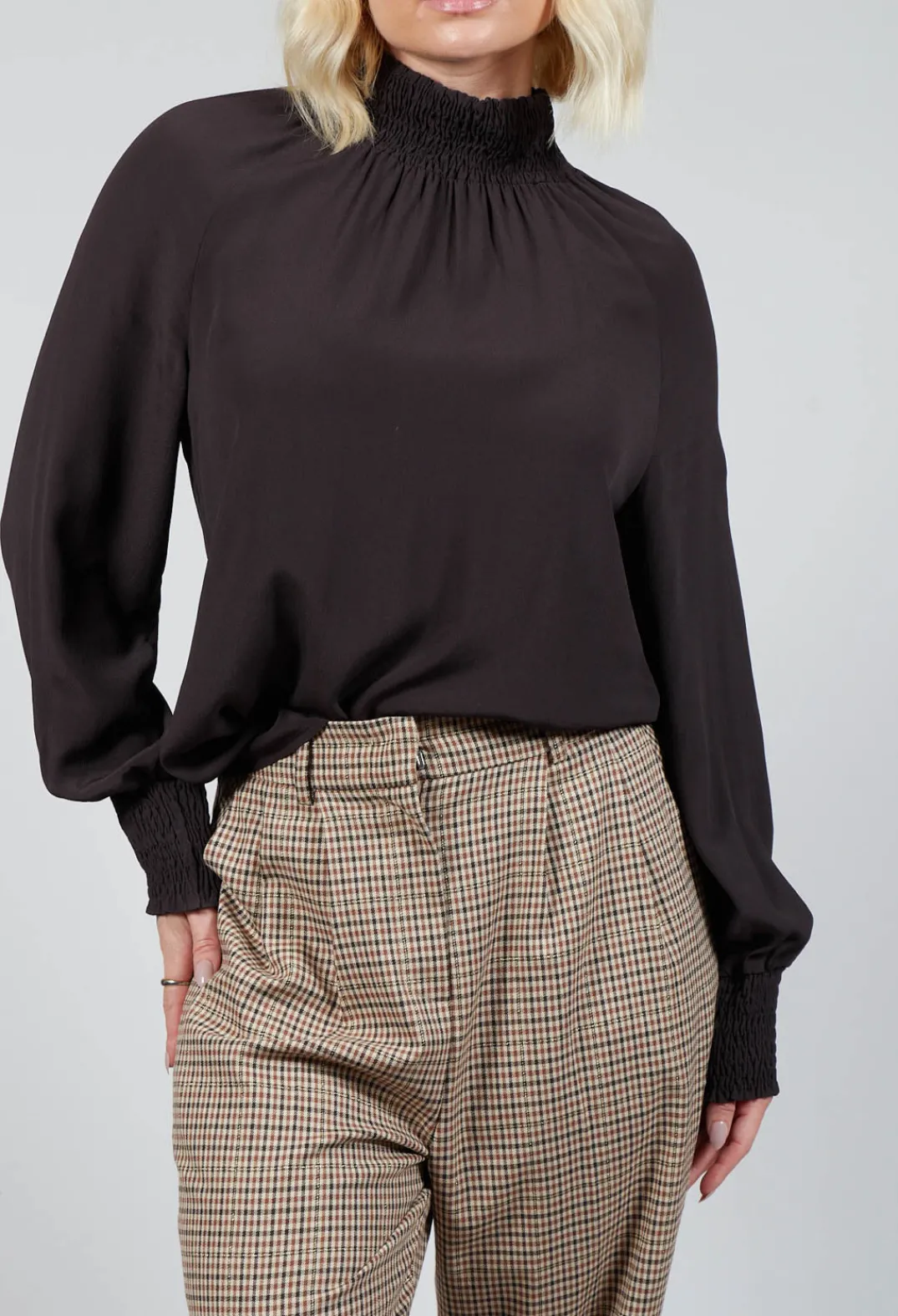 Beatrice B Shirts & Blouses^Ruffled Silk Blend Blouse in Espresso Brown