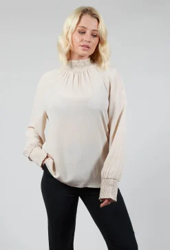 Beatrice B Shirts & Blouses^Ruffled Silk Blend Blouse in Sand