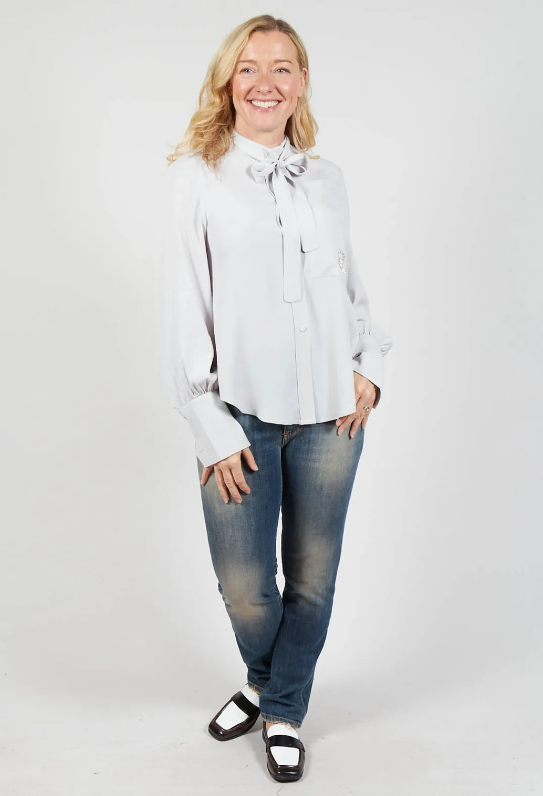 Beatrice B Shirts & Blouses^Semi-Sheer Blouse in Light Grey