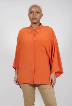 Beatrice B Shirts & Blouses^Sheer Silk Shirt with Pocket in Orange