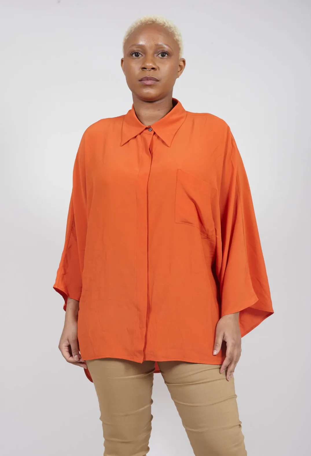 Beatrice B Shirts & Blouses^Sheer Silk Shirt with Pocket in Orange