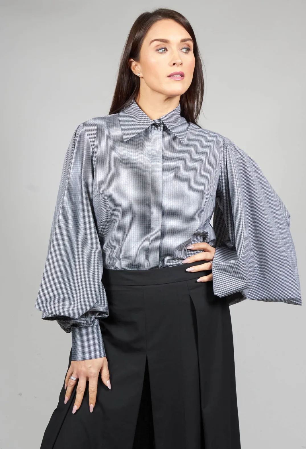 Oblique Creations Shirts & Blouses^Shirt with Flared Puff Sleeves in Black Check