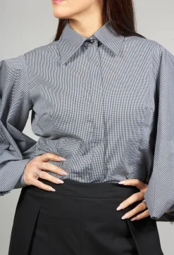 Oblique Creations Shirts & Blouses^Shirt with Flared Puff Sleeves in Black Check