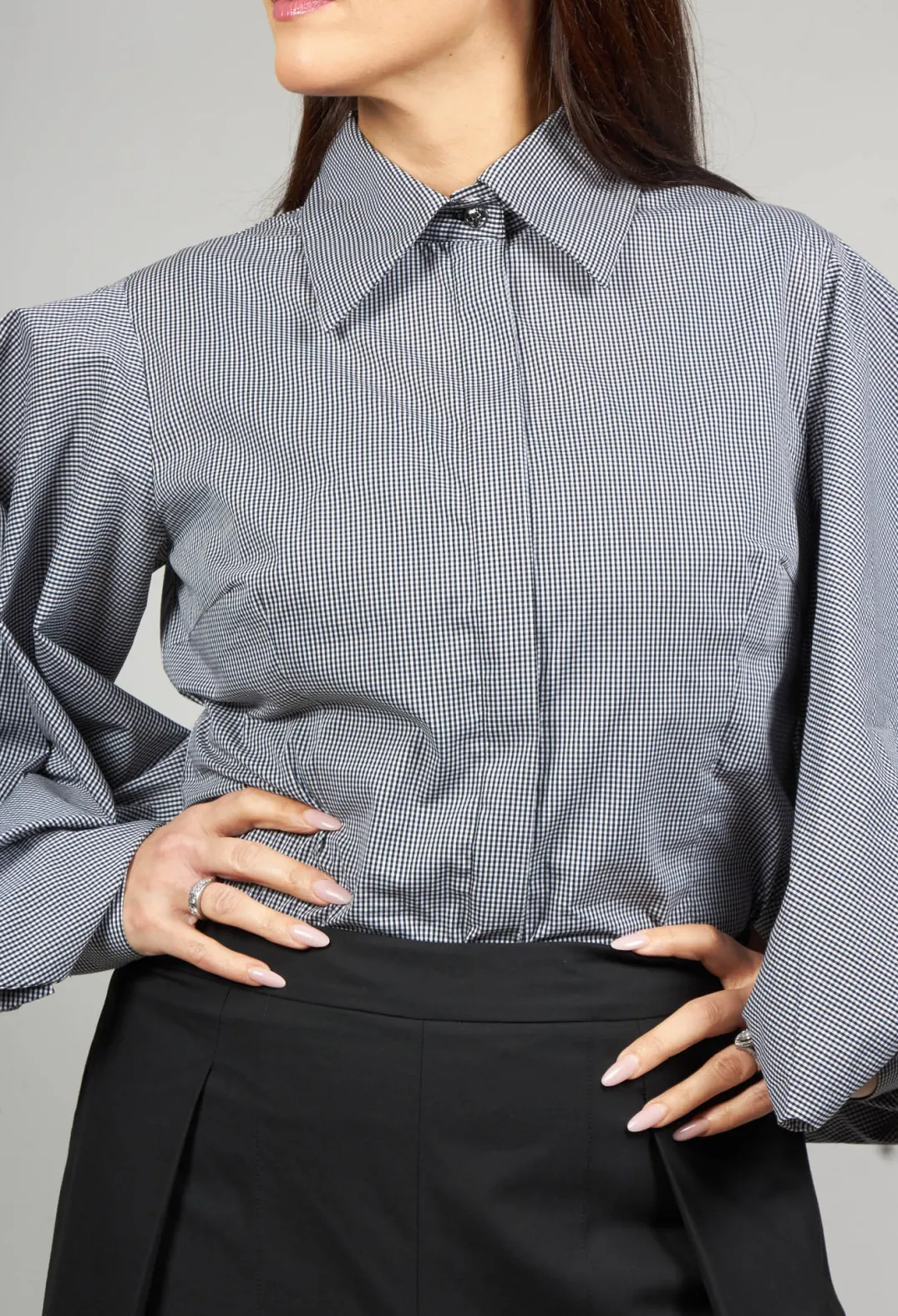 Oblique Creations Shirts & Blouses^Shirt with Flared Puff Sleeves in Black Check