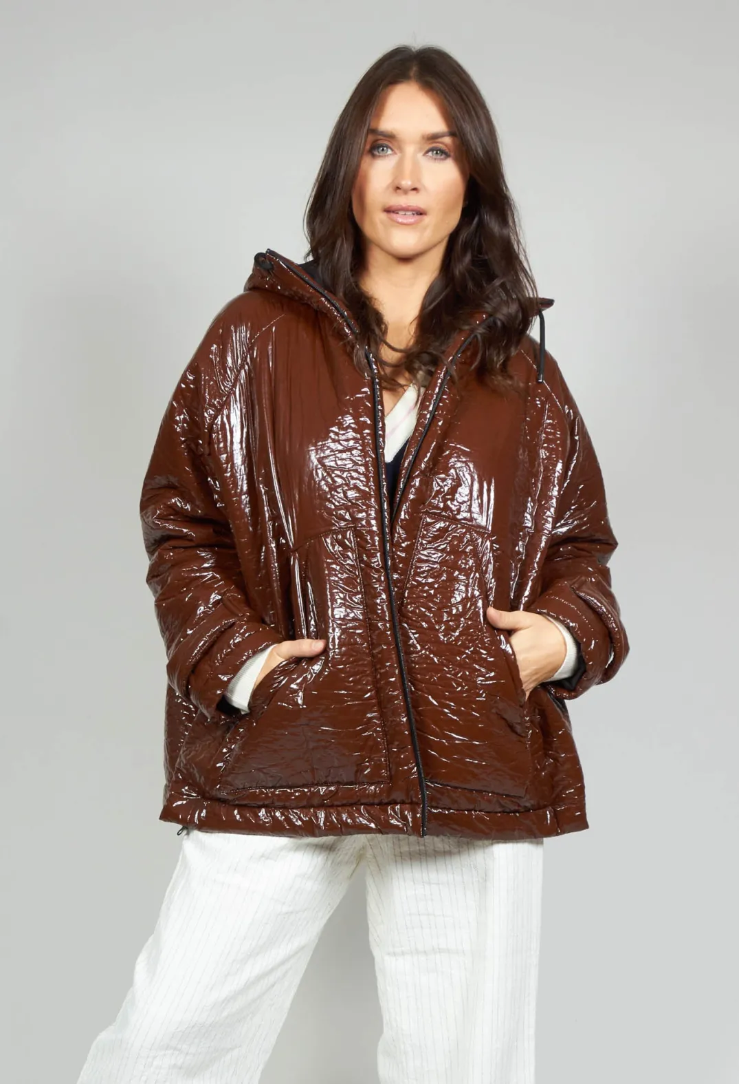 Collectors Club Jackets^Short A Line Jacket with Hood in Glossy Mahony