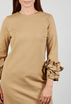 Mei Meij Dresses^Short Shift Dress with Embellished Sleeves in Camel