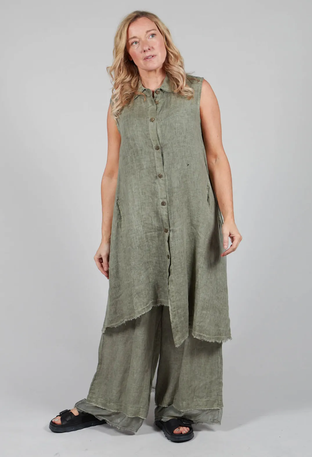 Sanctamuerte Dresses^Sleeveless Dress in Lino and Tinto Freddo Olive