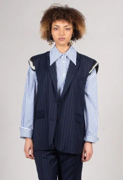 Mei Meij Jackets^Sleeveless Pinstripe Jacket in Gessato Blue Nights