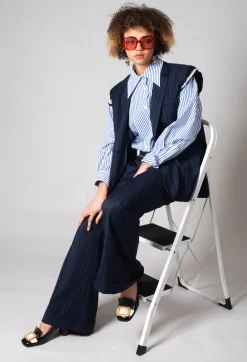 Mei Meij Jackets^Sleeveless Pinstripe Jacket in Gessato Blue Nights