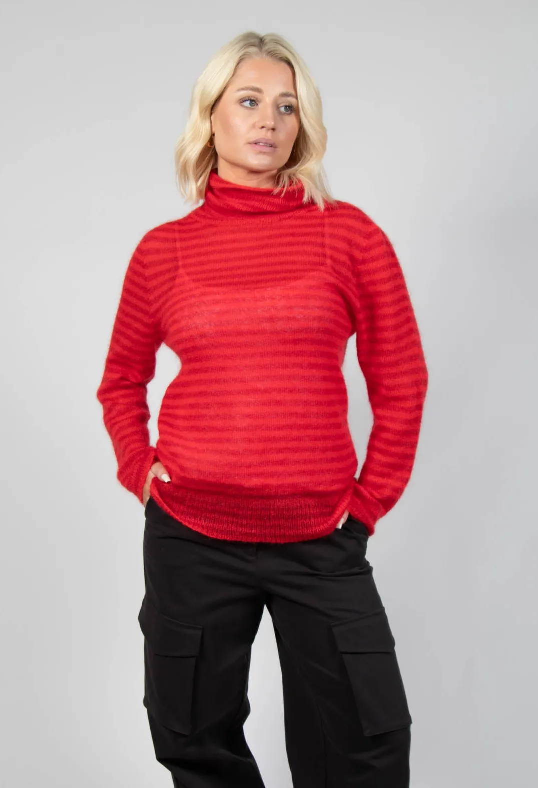 Sfizio Knitwear|Jumpers^Striped Turtleneck Sweater in Adrenaline Red