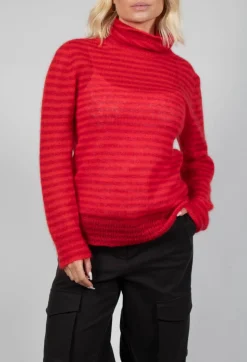 Sfizio Knitwear|Jumpers^Striped Turtleneck Sweater in Adrenaline Red