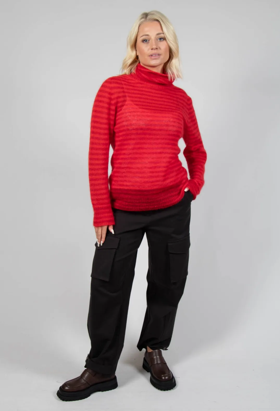 Sfizio Knitwear|Jumpers^Striped Turtleneck Sweater in Adrenaline Red