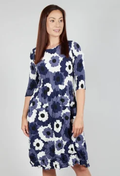 Alquema Dresses^Three Quarter Sleeve Smash Dress in Indigo Flower Spot