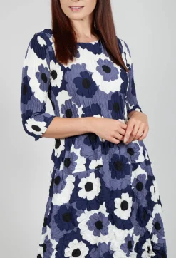 Alquema Dresses^Three Quarter Sleeve Smash Dress in Indigo Flower Spot