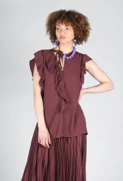 Beatrice B Tops^Top with Pleated Ruffles in Cocoa