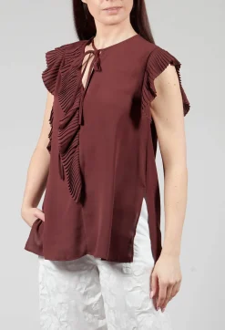 Beatrice B Tops^Top with Pleated Ruffles in Cocoa