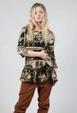 Rundholz Black Label Tops^Top with Ruffle Peplum Hem in Bronze Print