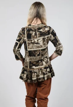 Rundholz Black Label Tops^Top with Ruffle Peplum Hem in Bronze Print
