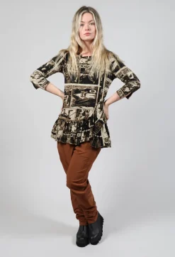 Rundholz Black Label Tops^Top with Ruffle Peplum Hem in Bronze Print