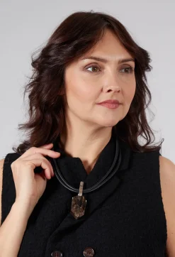 Darkgem Necklaces^Two Leather Necklace with Smoky Quartz Pendant in Black