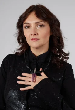 Darkgem Necklaces^Two Leather Necklace with Ameythst Pendant in Black