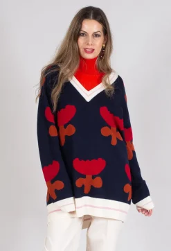 Collectors Club Jumpers^V Neck Pull with Tulip Pattern in Red and Navy