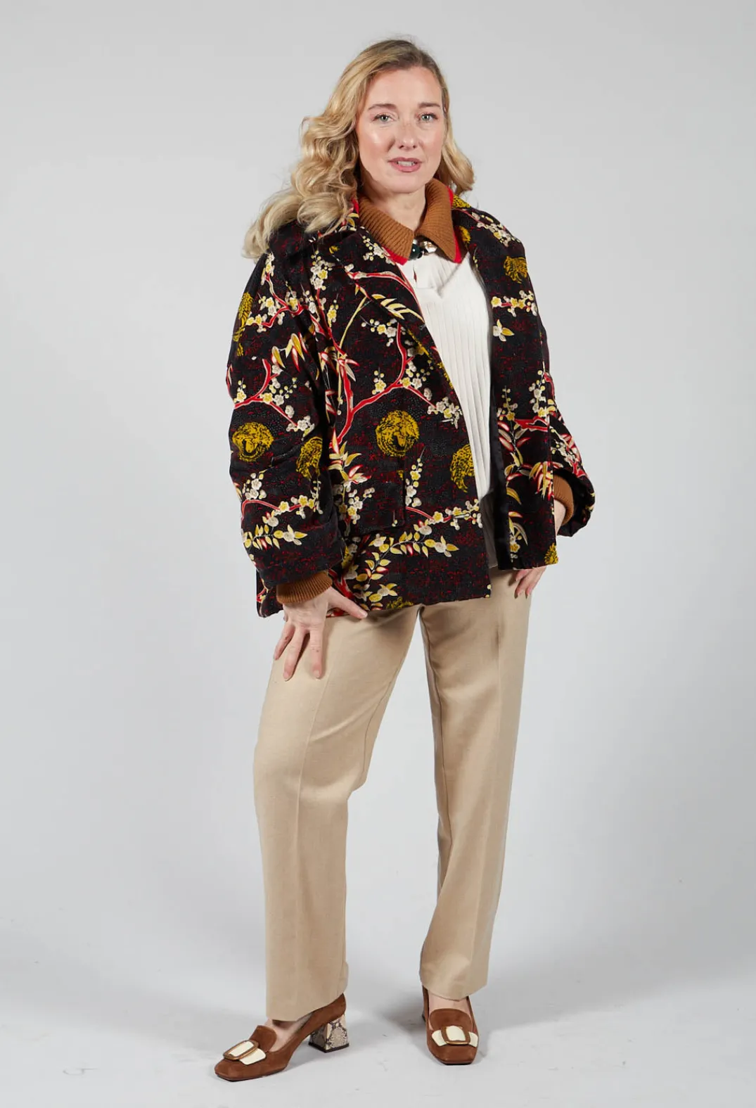 Beatrice B Coats^Velvet Short Coat in Black Print