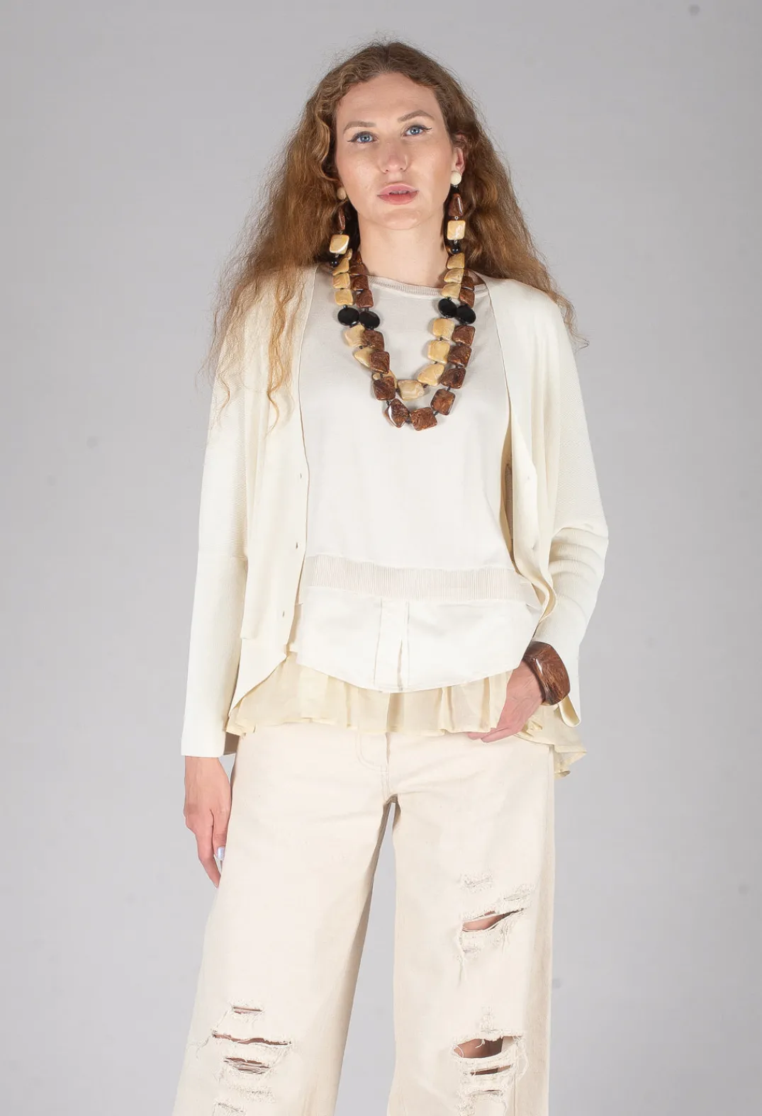 Isabel Benenato Cardigans^V-Neck Boxy Cardigan in White