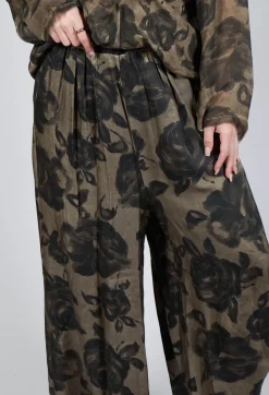 Sanctamuerte Trousers^Wide Leg Trousers in Raso di Viscosa Stampato Green Tuscany