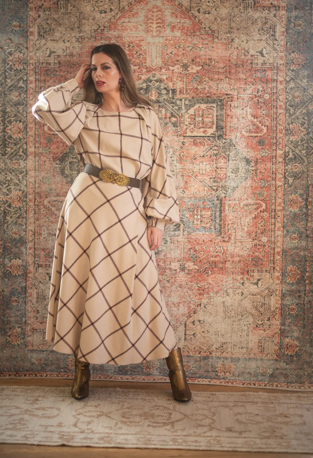 Beatrice B Skirts^Wool Flannel Skirt in Beige Check