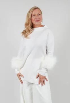 Dom Goor Jumpers^Wool Jumper with Sheepskin trim Sleeves in Pearl