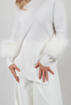 Dom Goor Jumpers^Wool Jumper with Sheepskin trim Sleeves in Pearl