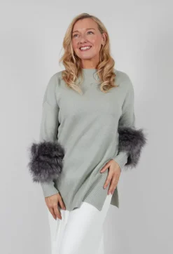 Dom Goor Jumpers^Wool Jumper with Sheepskin trim Sleeves in Peridot