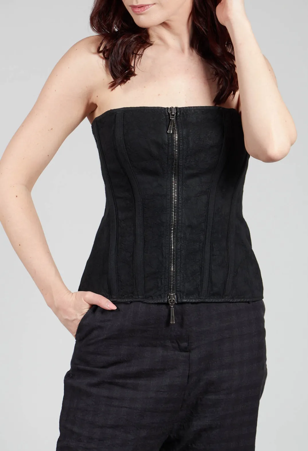 Masnada Tops^Zipper Fastening Corset Top in Smeared Black