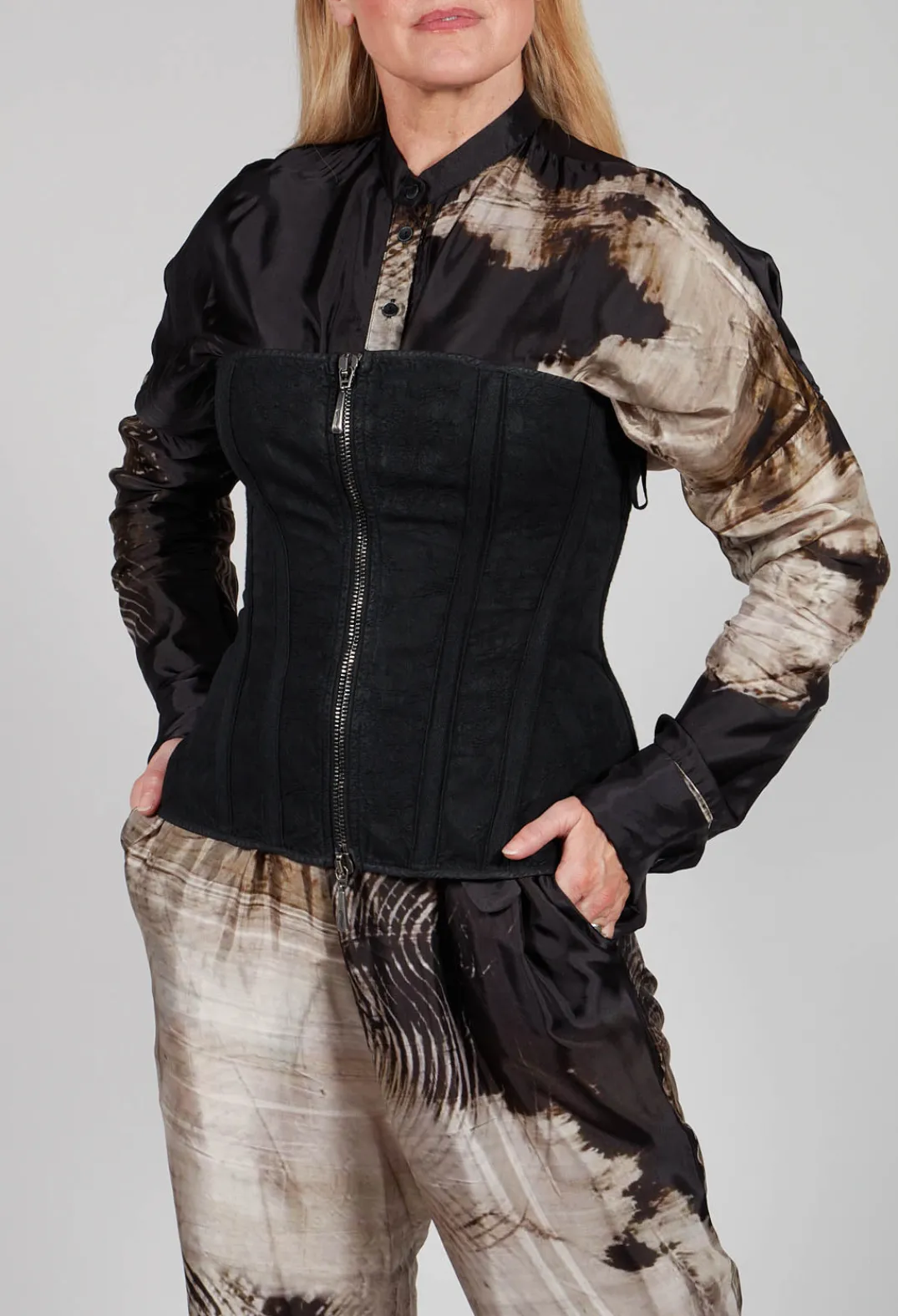 Masnada Tops^Zipper Fastening Corset Top in Smeared Black